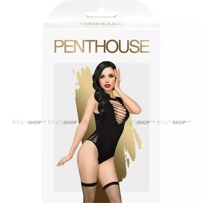 Боди с чулками в мелкую сетку Penthouse Hotter Than Hell S/L, черное