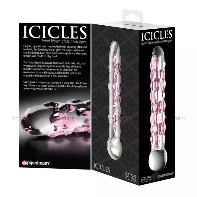 Двухсторонний стимулятор Pipedream Icicles с шишечками 17.8 см, бесцветный с розовым