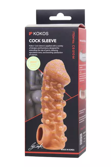 Насадка Kokos Cock Sleeve M с подхватом мошонки и с пупырышками, телесная