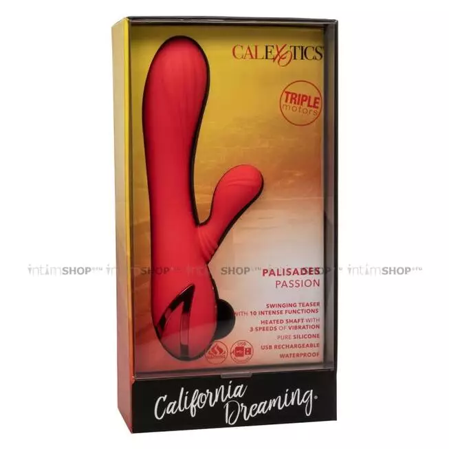 Вибратор-кролик с нагревом и подвижным отростком CalExotics California Dreaming Palisades Passion, красный