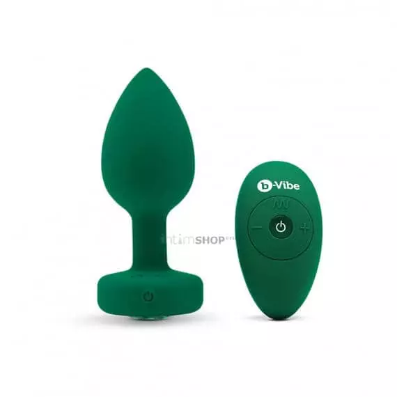 Вибропробка B-vibe Jewel M/L с пультом ДУ, зеленая с изумрудным кристаллом