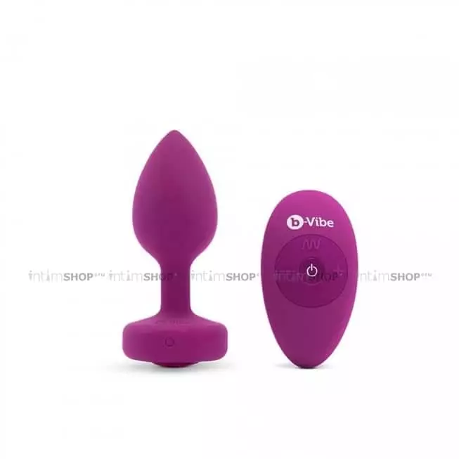 Вибропробка B-vibe Jewel S/M с пультом ДУ, фиолетовая с розовым кристаллом