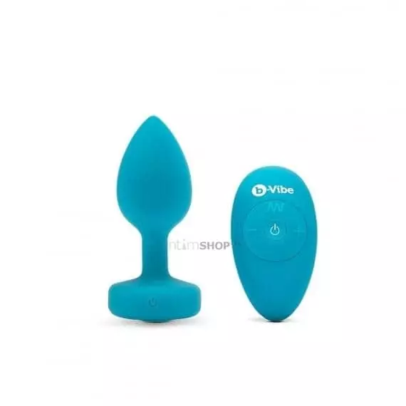 Вибропробка B-vibe Jewel S/M с пультом ДУ с аквамариновым кристаллом, голубая